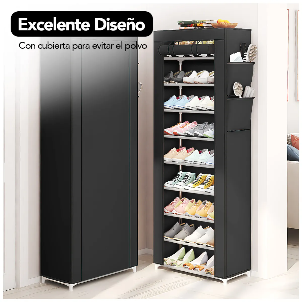 KELLER - Zapatero Organizador 9 Niveles Desmontable de Tela Negro A46