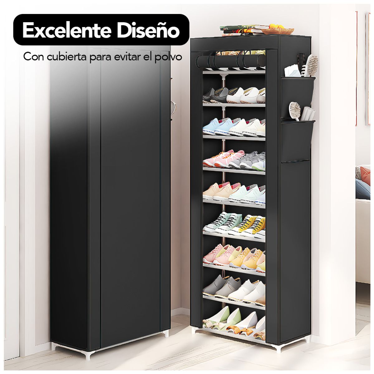 KELLER - Zapatero Organizador 9 Niveles Desmontable de Tela Negro A46