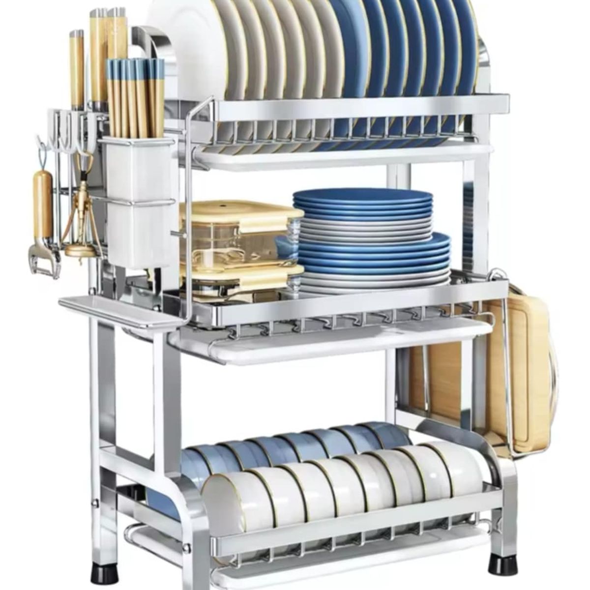 GENERICO - Escurridor Organizador de Platos 3 Niveles de Acero Inoxidable Cocina