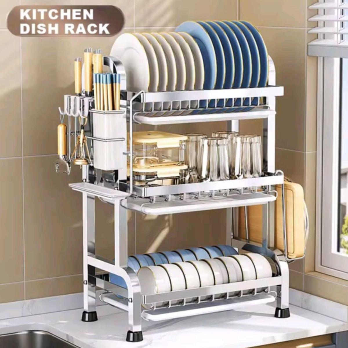 GENERICO - Escurridor Organizador de Platos 3 Niveles de Acero Inoxidable Cocina