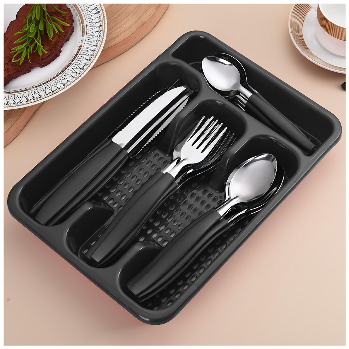 KELLER - Juego de Cubiertos 25 Piezas con Bandeja Negro L17