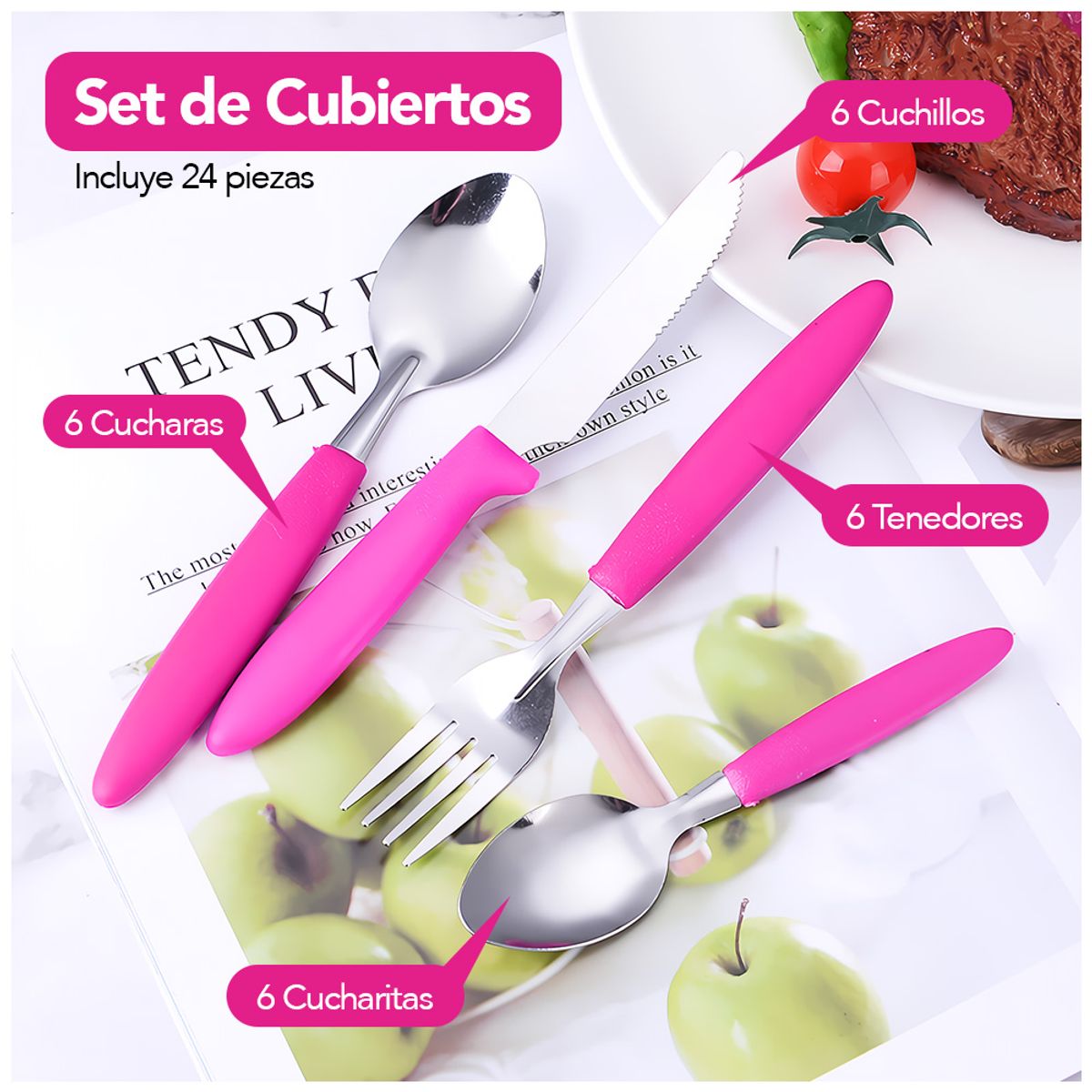 KELLER - Juego de Cubiertos 25 Piezas con Bandeja Fucsia L17