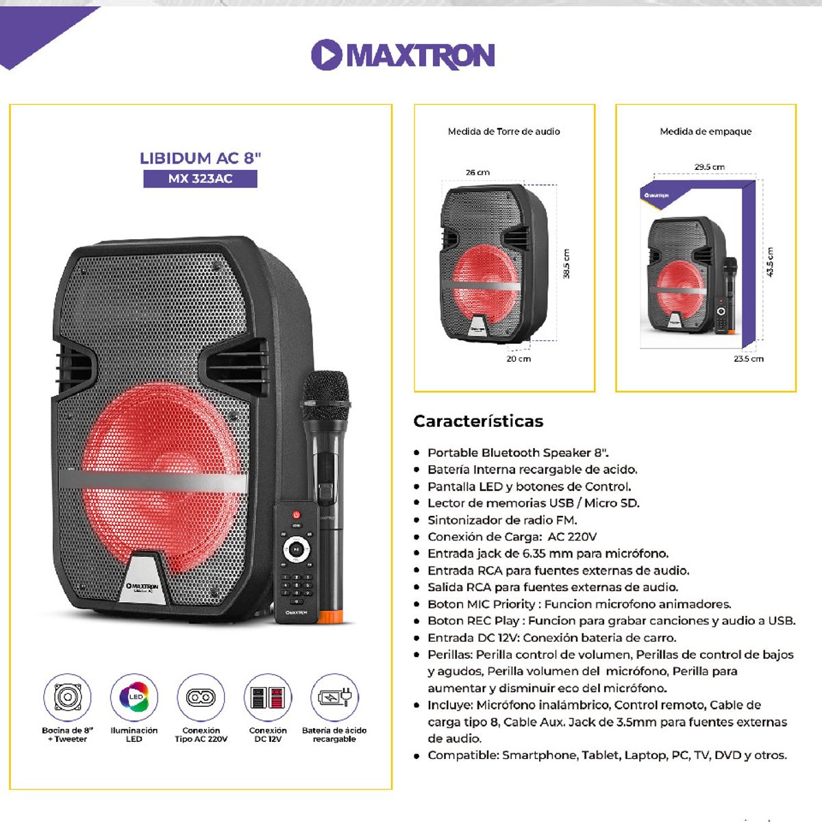 MAXTRON - Parlante Maxtron LIBIDUM AC-MX BT USB LED recargable