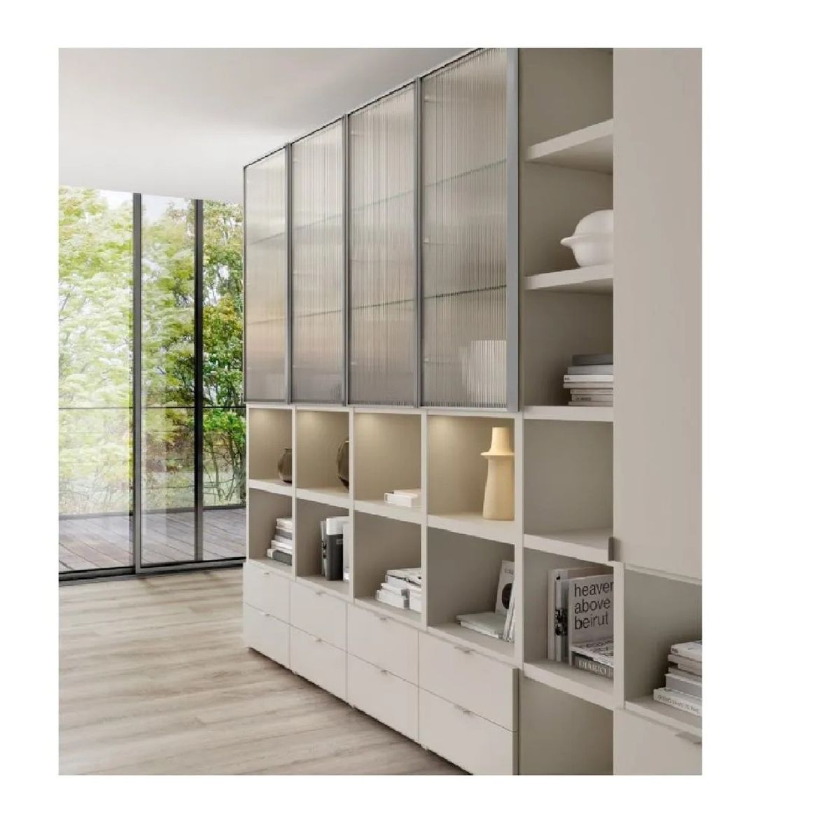 TU MESITA - Moderna Librería con Estanteria Maxell color Blanco con Vidrio TU MESITA