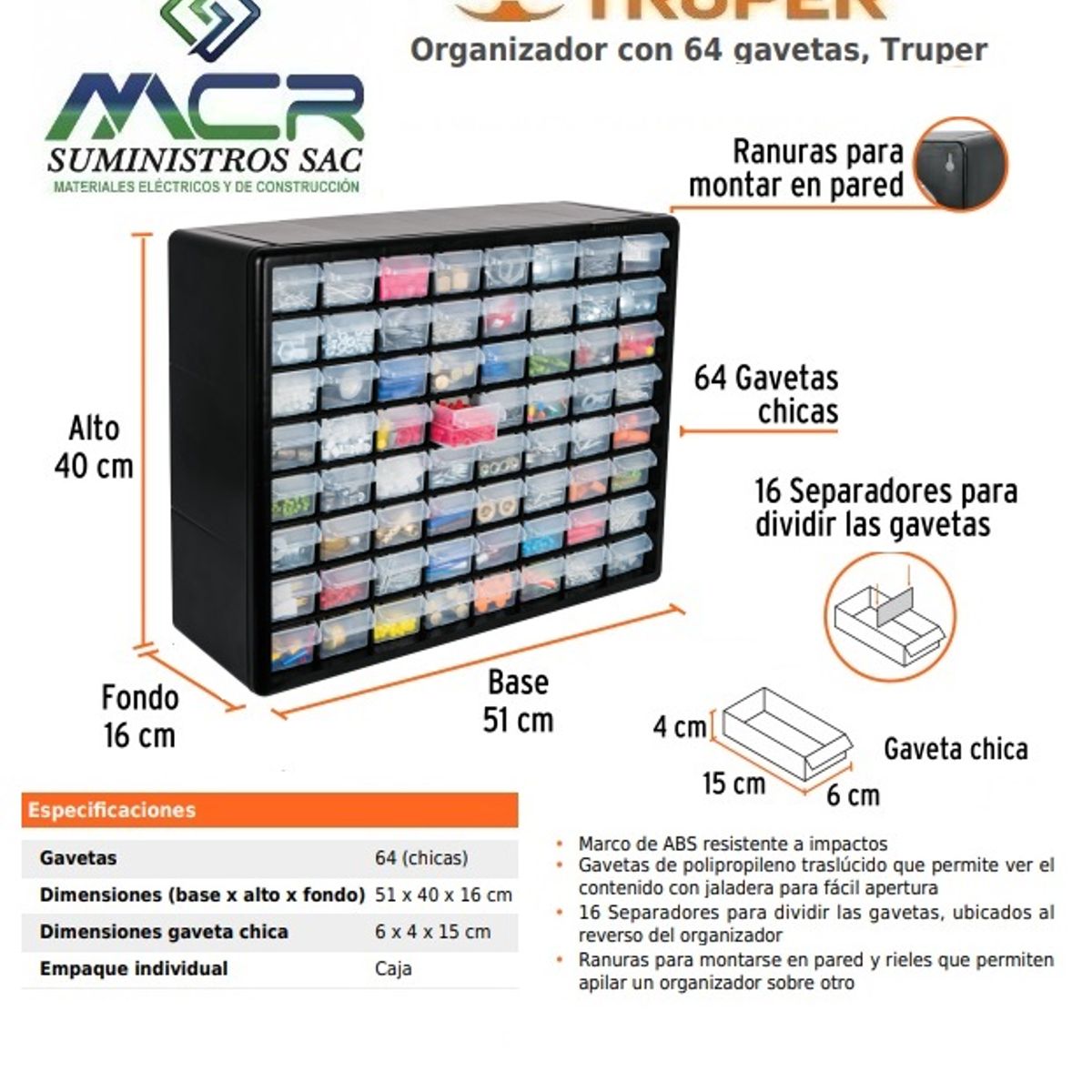 TRUPER - GAVETERO DE NIVELES 64 GAVETAS 51 x 40 x 16 cm TRUPER