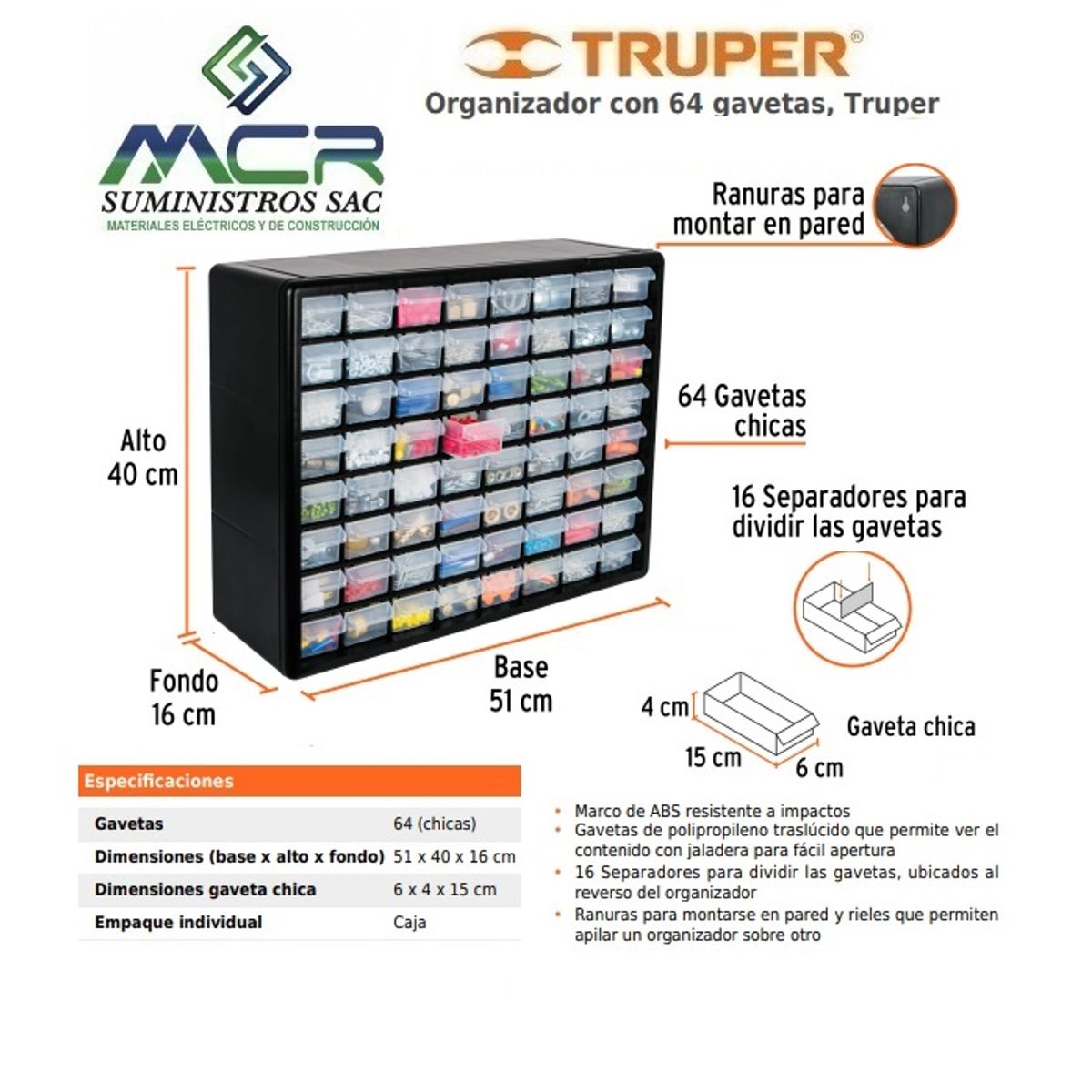 TRUPER - GAVETERO DE NIVELES 64 GAVETAS 51 x 40 x 16 cm TRUPER