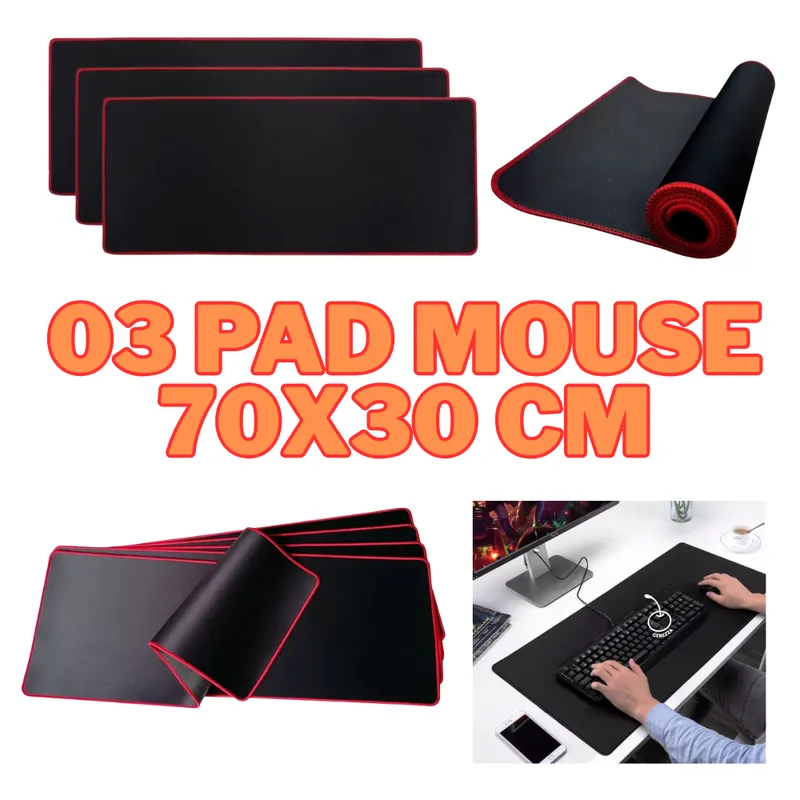 GENERICO - 03 Pad Mouse Gamer Alfombrilla para PC De 70cm x 30cm Borde Cosido Rojo