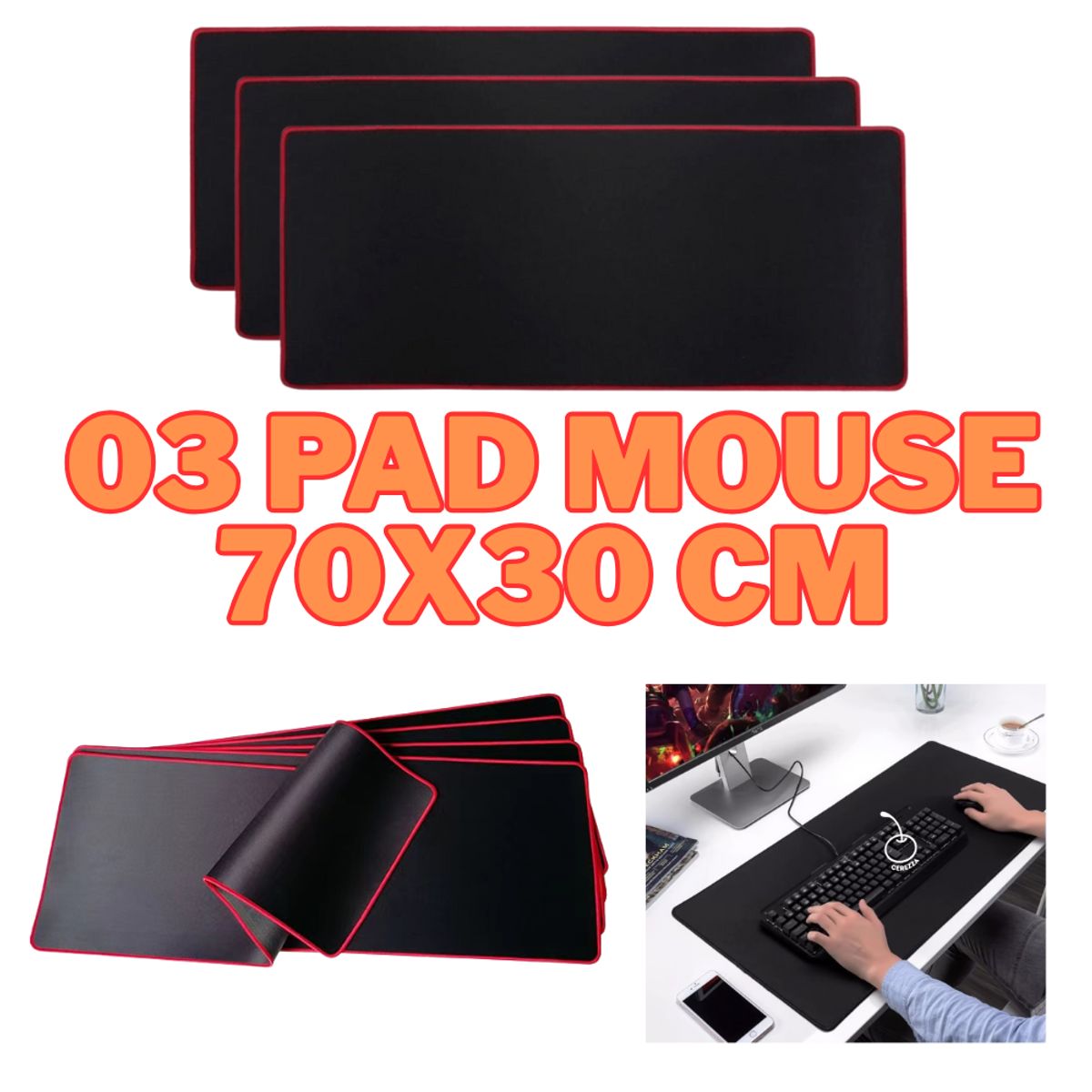 GENERICO - 03 Pad Mouse Gamer Alfombrilla para PC De 70cm x 30cm Borde Cosido Rojo