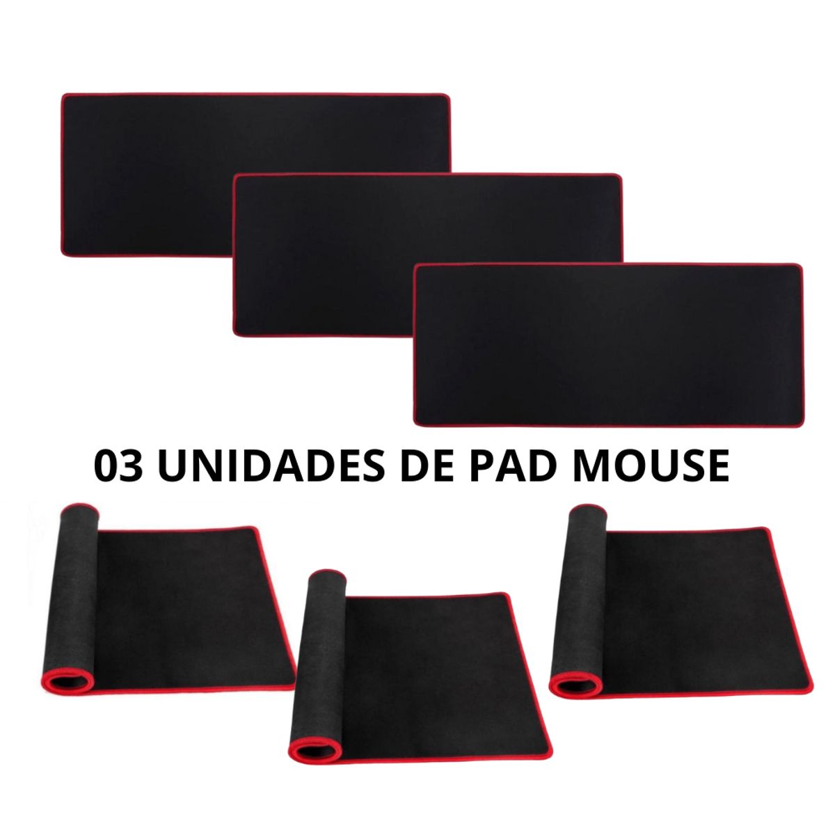 GENERICO - 03 Pad Mouse Gamer Alfombrilla para PC De 70cm x 30cm Borde Cosido Rojo