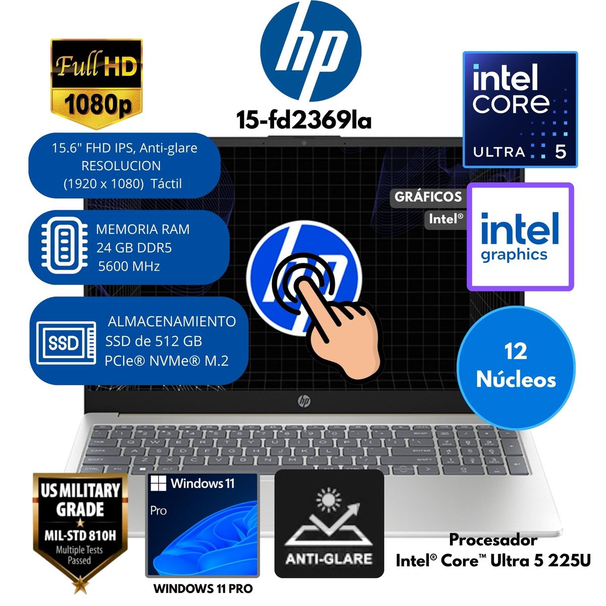 HP - Laptop HP 15-fd2369la Intel Core Ultra 5 RAM 24 GB SSD 512 GB 15.6" FHD Táctil Windows 11