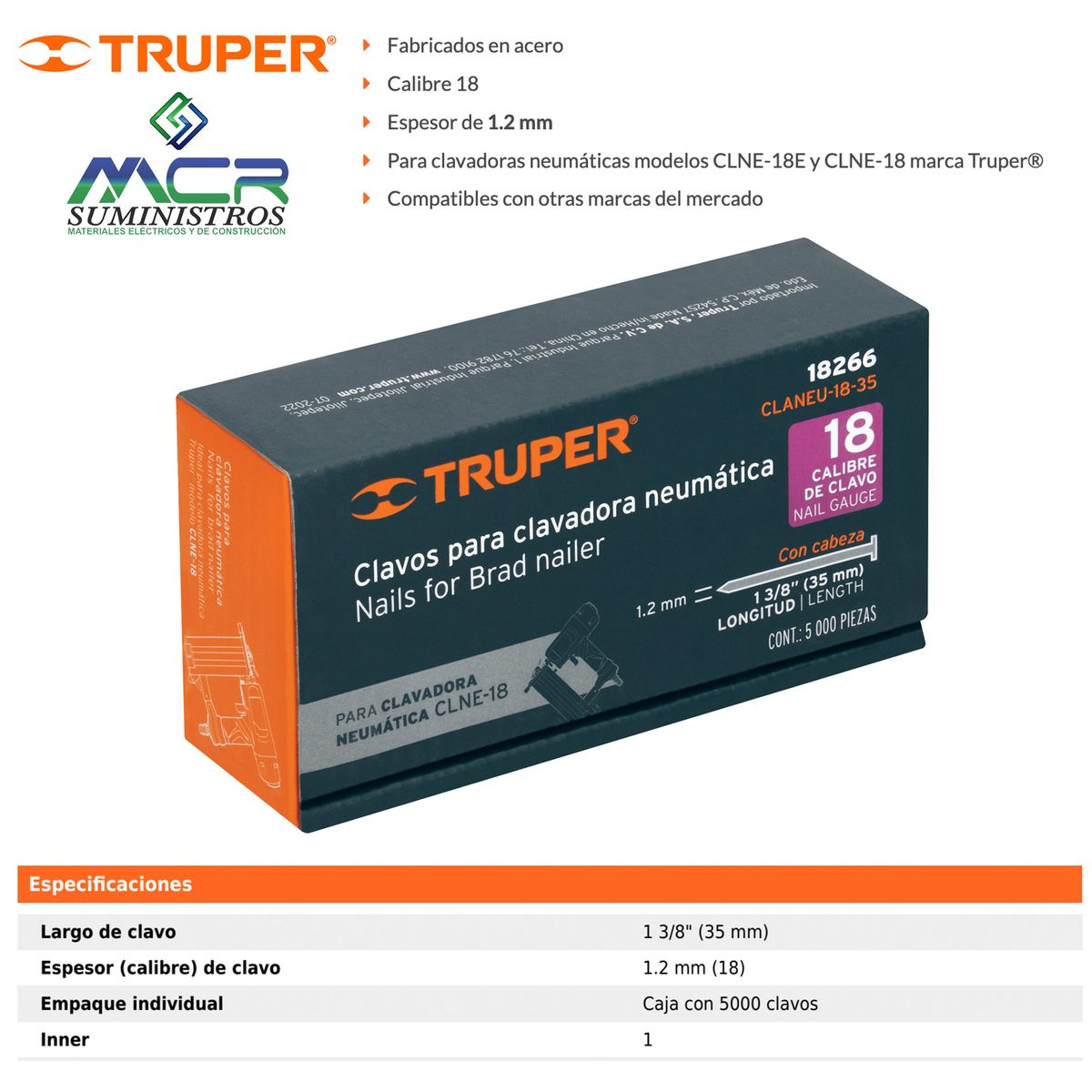 TRUPER - Caja con 5000 clavos calibre 18 DE 35 mm para CLNE-18 Truper