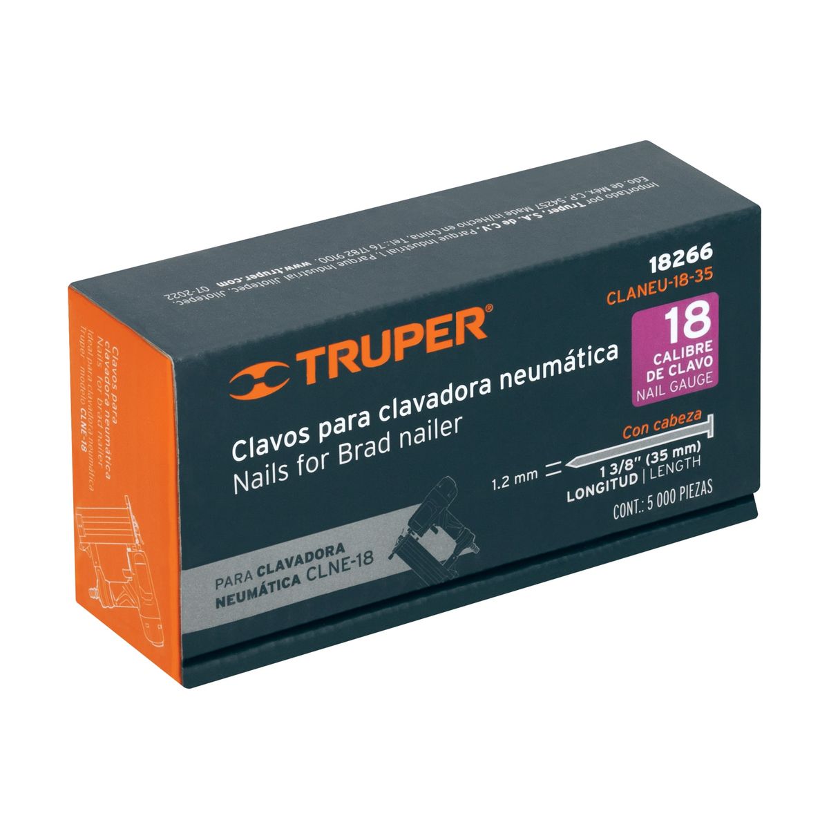 TRUPER - Caja con 5000 clavos calibre 18 DE 35 mm para CLNE-18 Truper