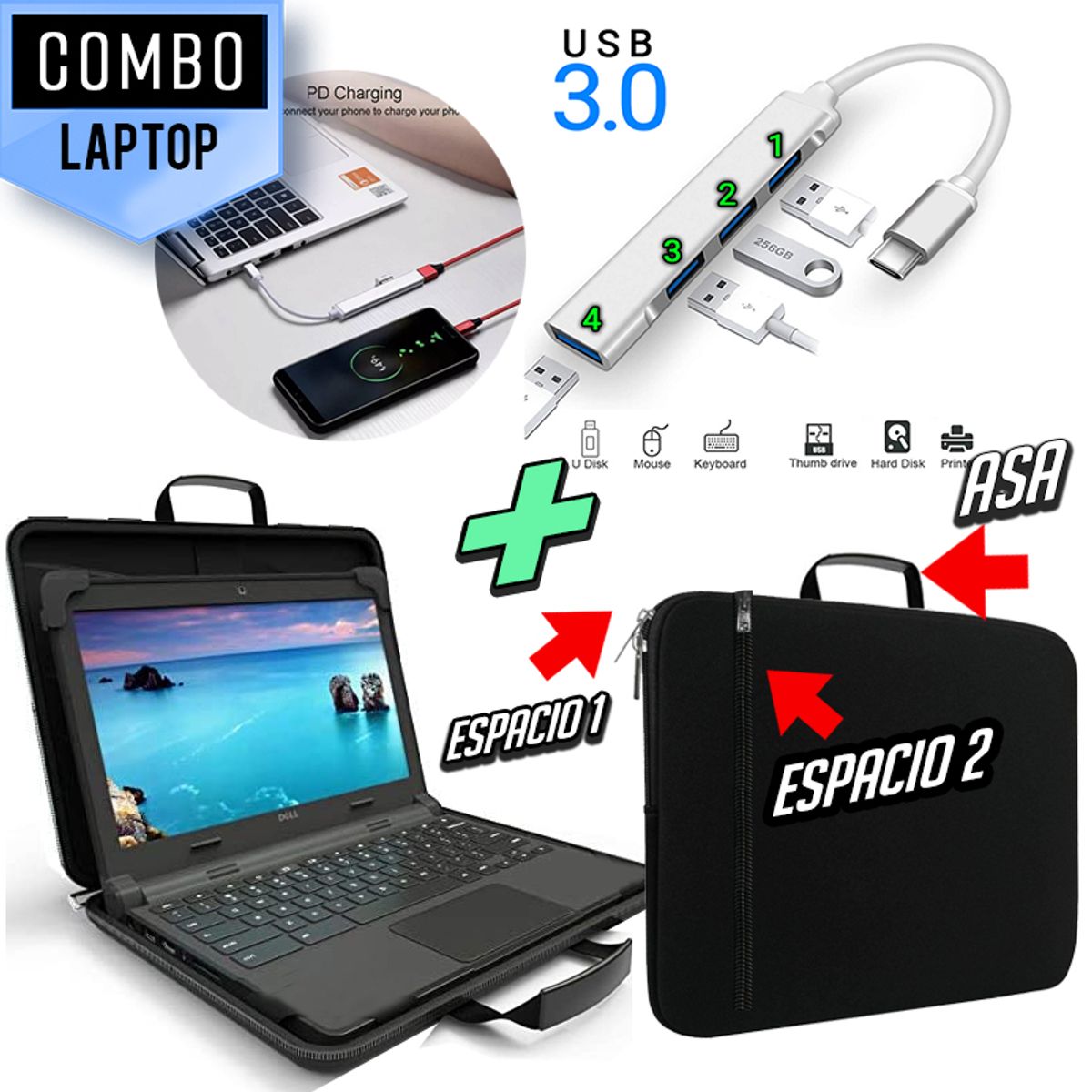 GENERICO - Kit Funda para Laptop Maleta + Hub Tipo C a USB 3.0 4 Puertos