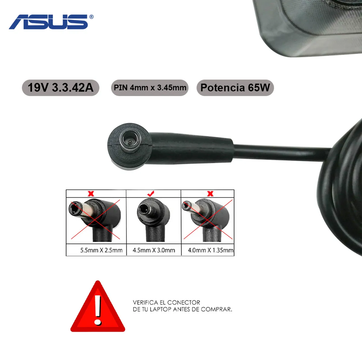 ASUS - Cargador Asus 65w 19v 3-42a Punta Pin Medio  ORIGINAL NUEVO