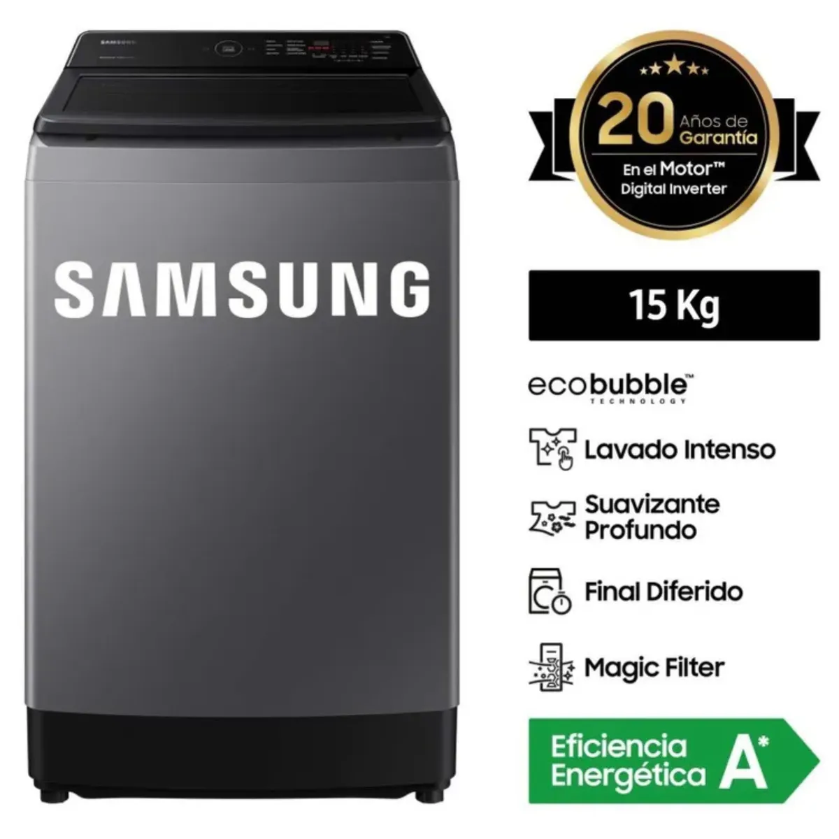 SAMSUNG - Lavadora SAMSUNG 15kg Carga Superior EcoBubble WA15CG5441BDPE Gris