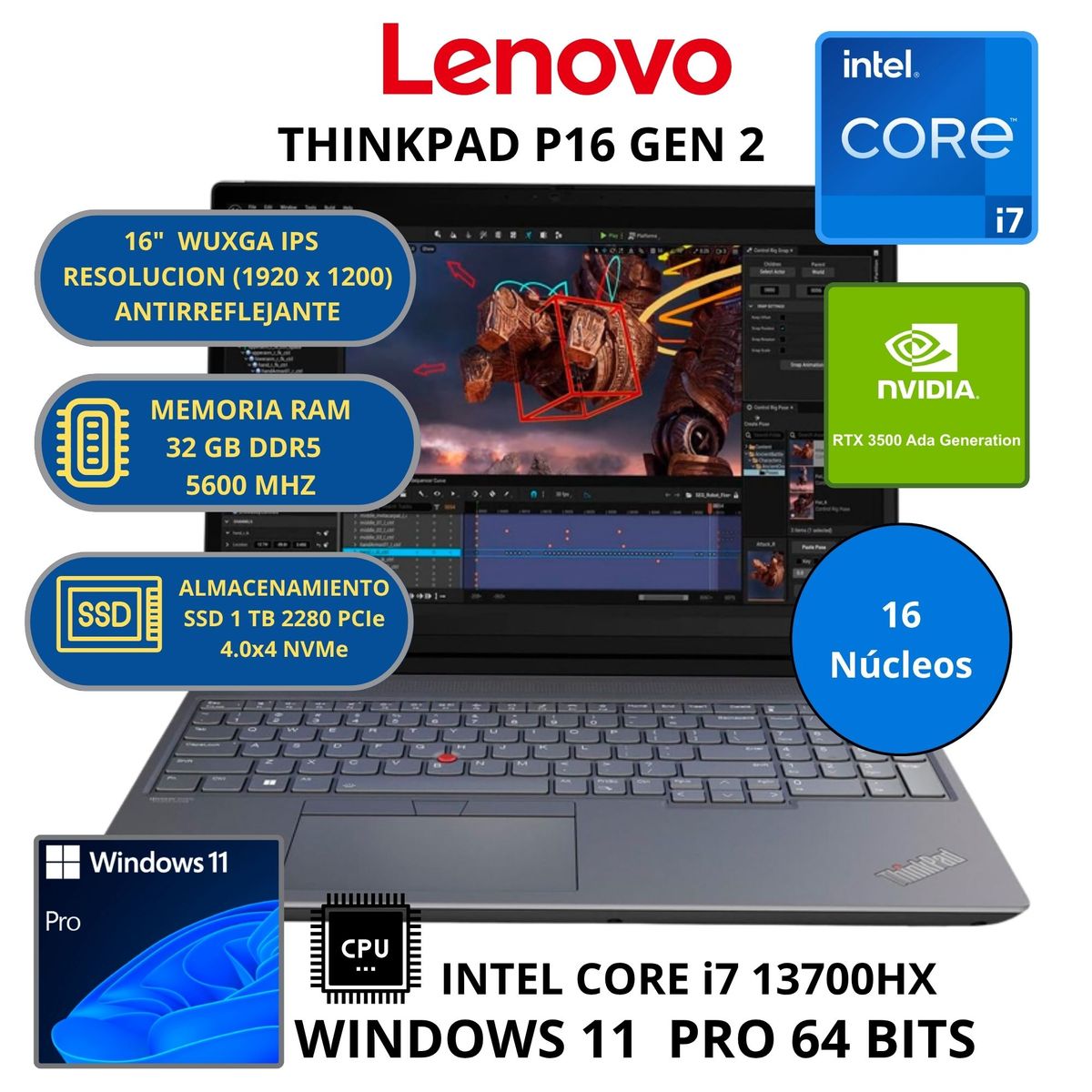 LENOVO - Laptop Lenovo THINKPAD P16 GEN 2 INTEL CORE i7 -RAM 32 GB SSD 1 TB 16" WUXGA WINDOWS 11