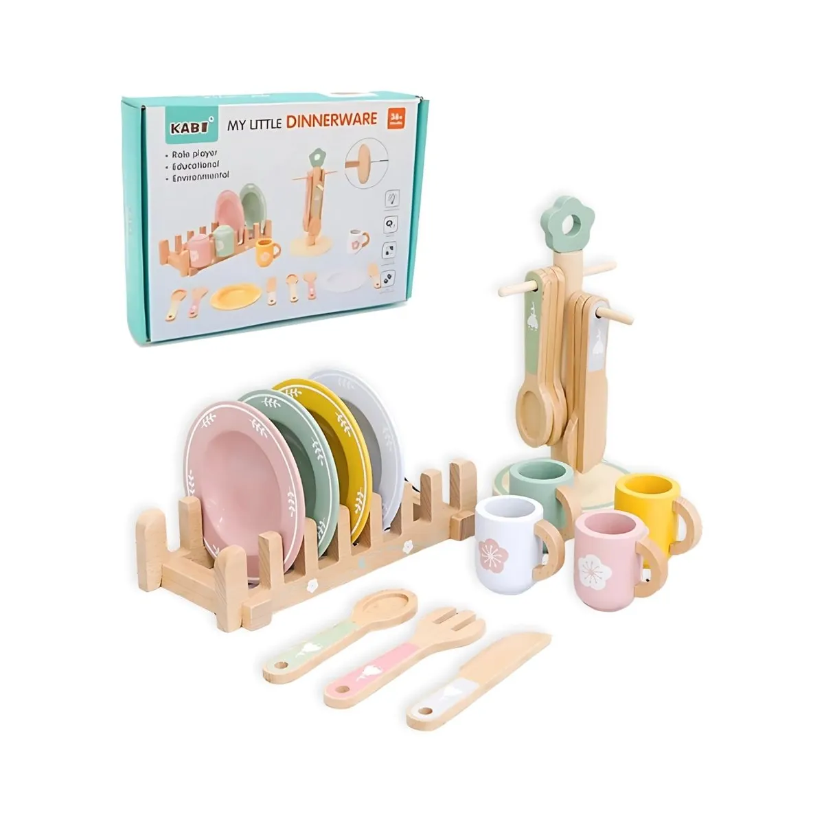 GENERICO - Set Montessori Vajilla Colorida de Madera con Platos para Niños 28Pzs