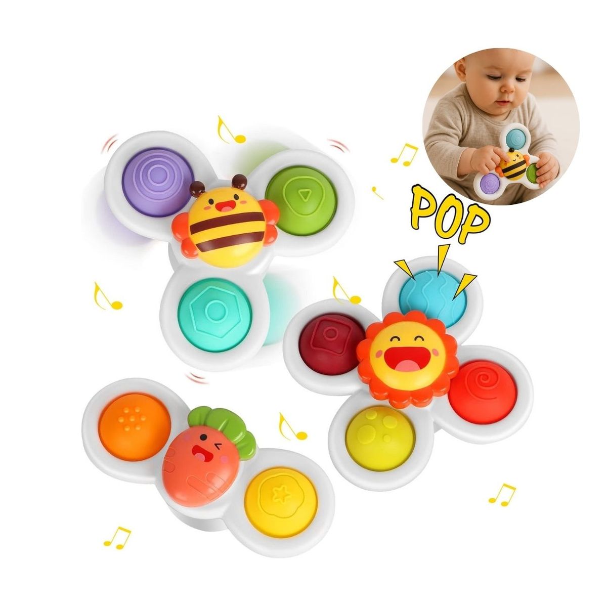 GENERICO - Animalitos Spinners Sensoriales con Ventosa para Bebé 3pcs