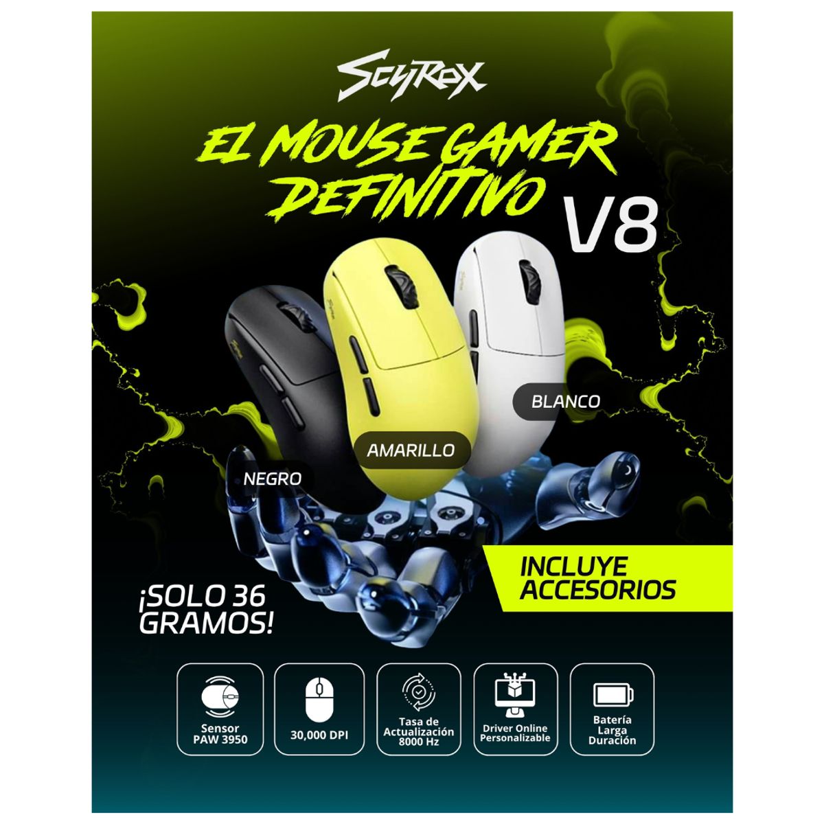 SHENGSHOU - Mouse Gamer Inalámbrico Scyrox V8 8K Hz 30,000 Dpi