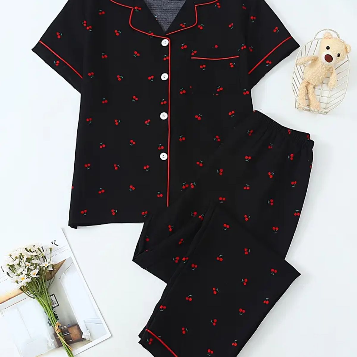 GENERICO - Pijama de Mujer Estampado de Cerezas Rojos