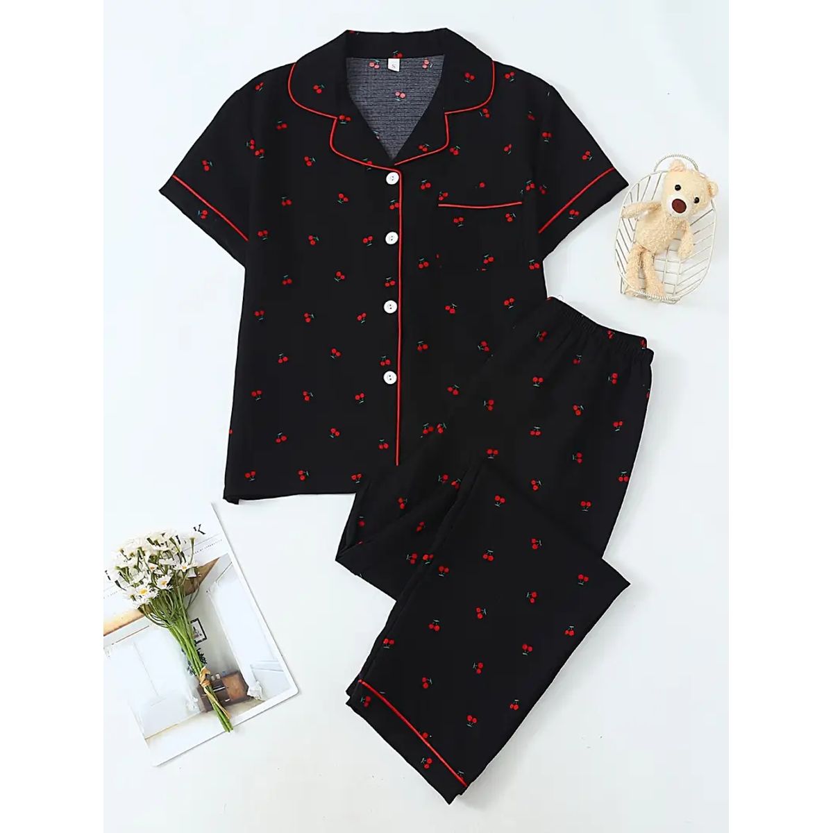 GENERICO - Pijama de Mujer Estampado de Cerezas Rojos