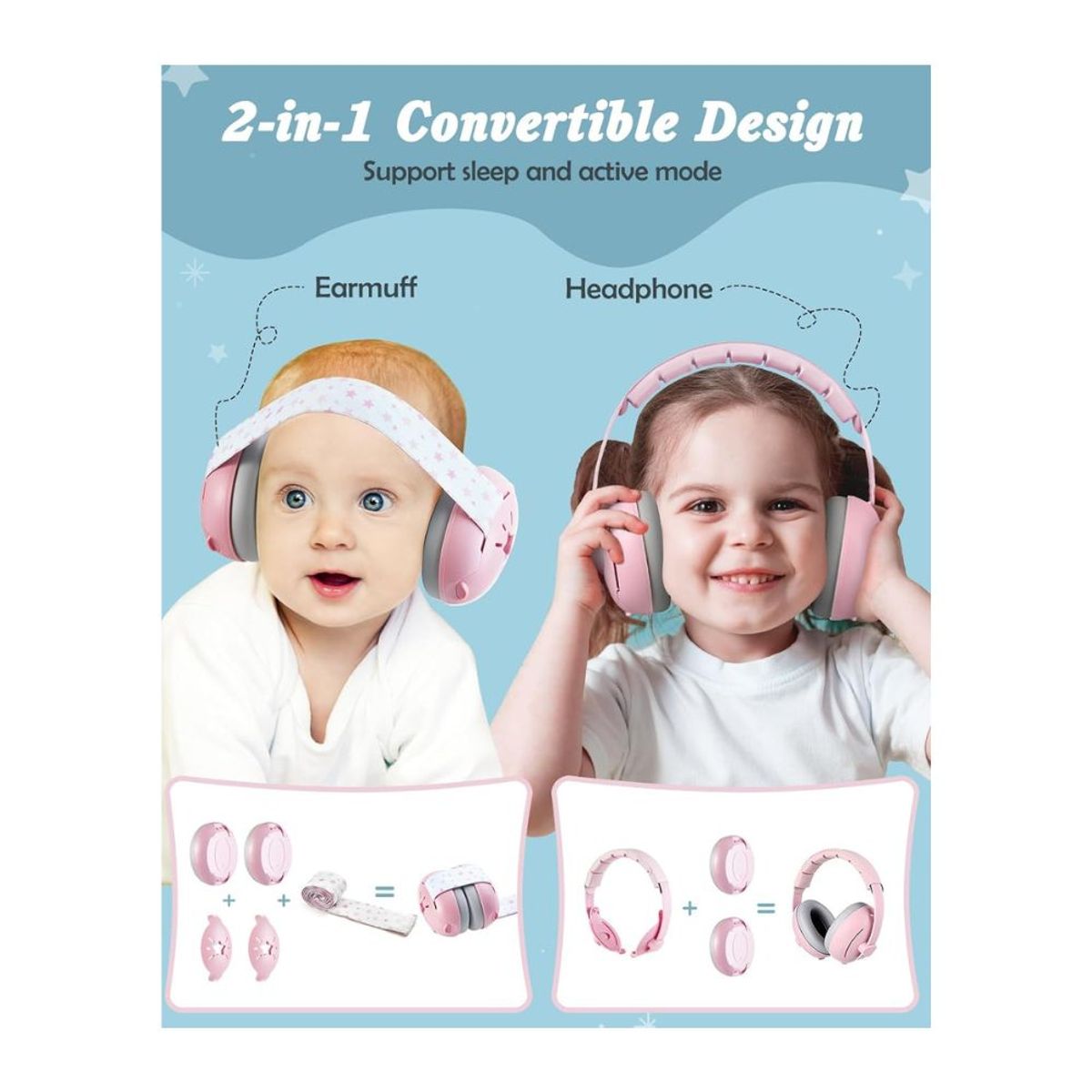 GENERICO - Orejeras 2 en 1 para bebé Lictin contra el ruido, rosado