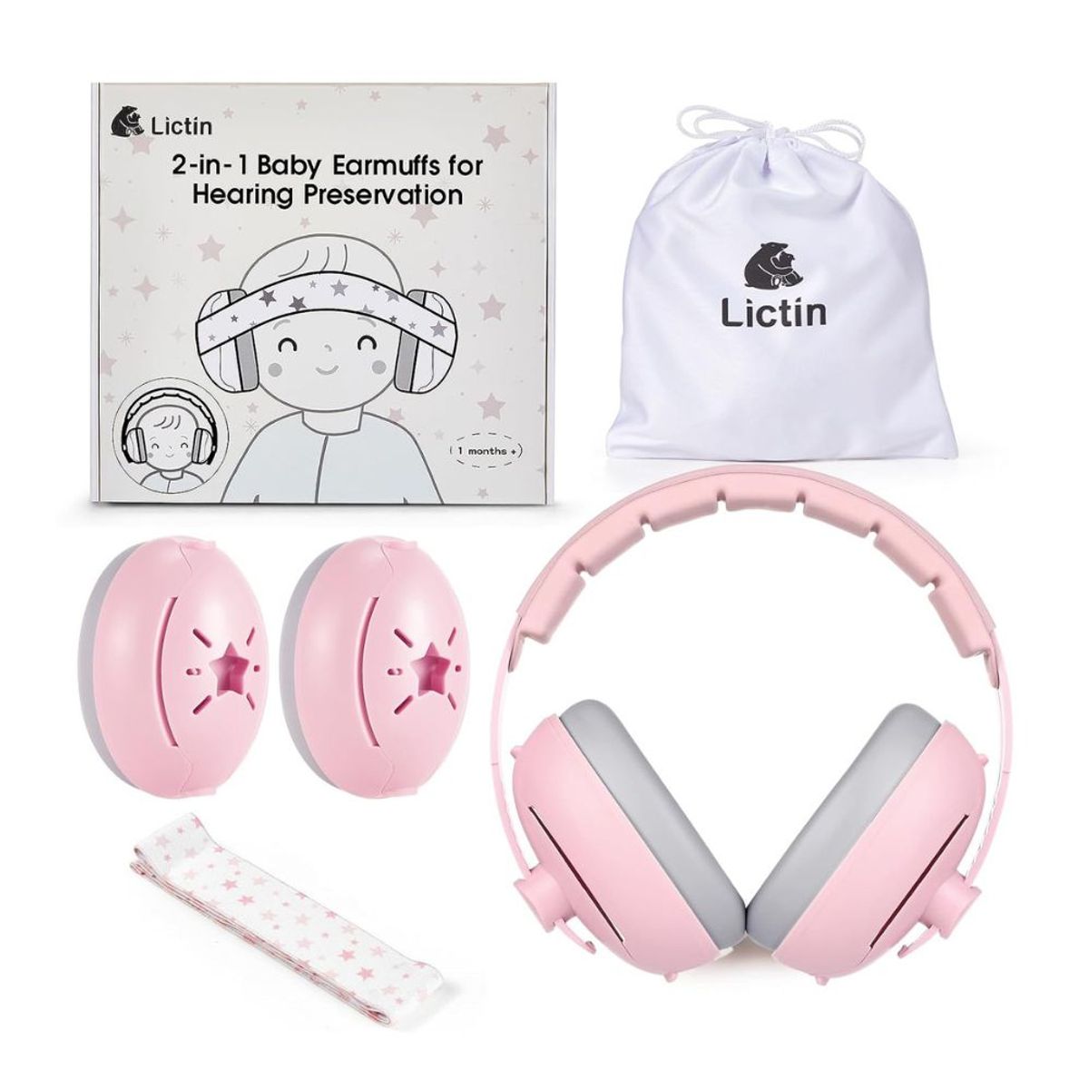 GENERICO - Orejeras 2 en 1 para bebé Lictin contra el ruido, rosado