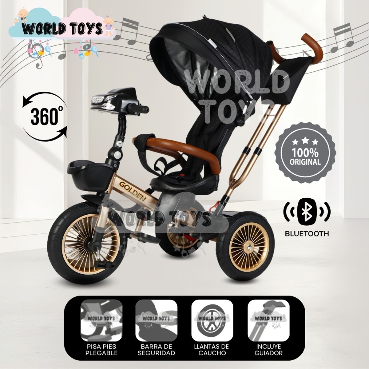 KIDS - Triciclo Guiador 3 En 1 «GOLDEN II NEW COLLECTION» USB Black