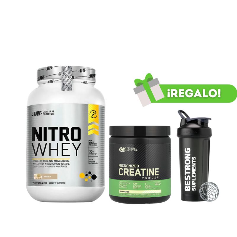 OPTIMUN NUTRITION - PACK PROTEÍNA NITRO WHEY 1KG VAINILLA + CREATINA OPTIMUM NUTRITION MICRONIZADA 300G + SHAKER
