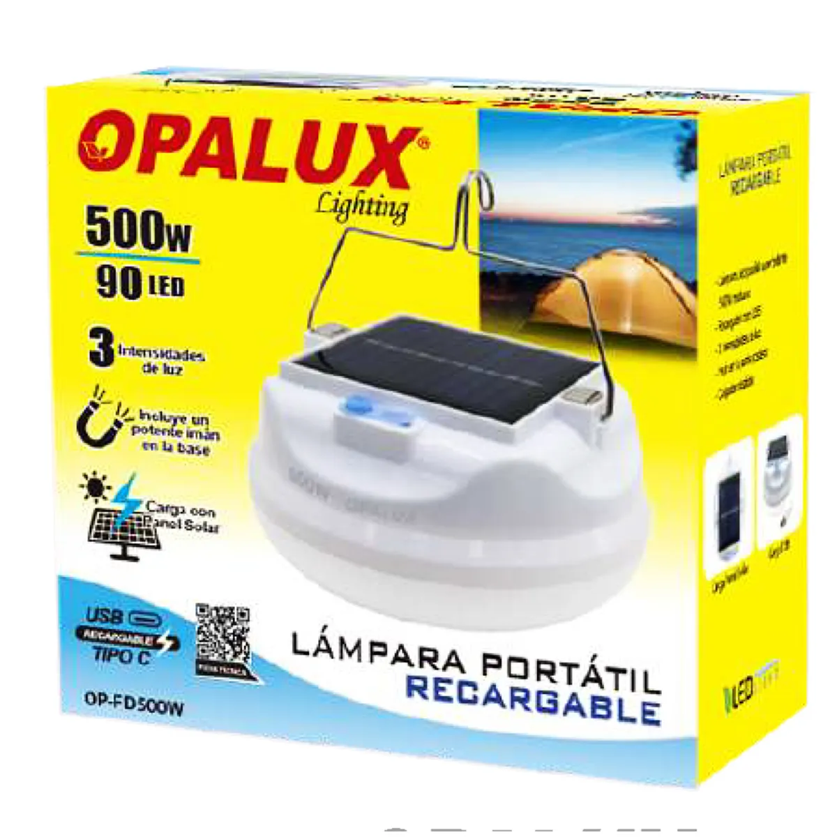 OPALUX - LAMPARA PORTATIL RECARGABLE CON PANEL SOLAR 500W OP-FD500W