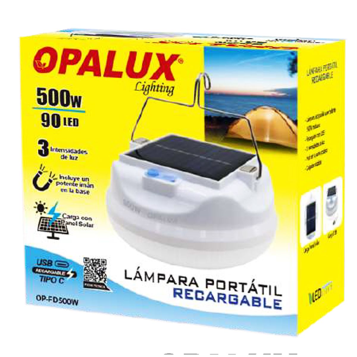 OPALUX - LAMPARA PORTATIL RECARGABLE CON PANEL SOLAR 500W OP-FD500W