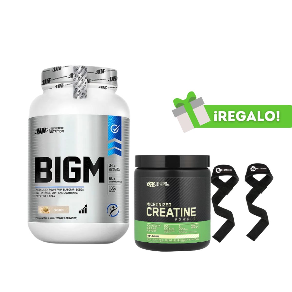 OPTIMUN NUTRITION - PACK PROTEÍNA BIGM 2KG COOKIES + CREATINA OPTIMUM NUTRITION MICRONIZADA 300G + STRAPS