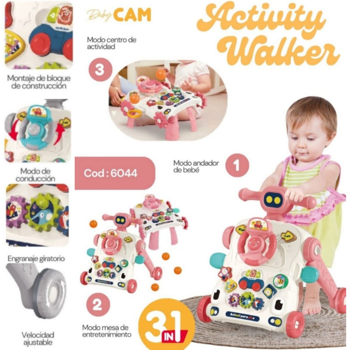 CAM - Andador caminador para bebe 3 en 1 ROSADO