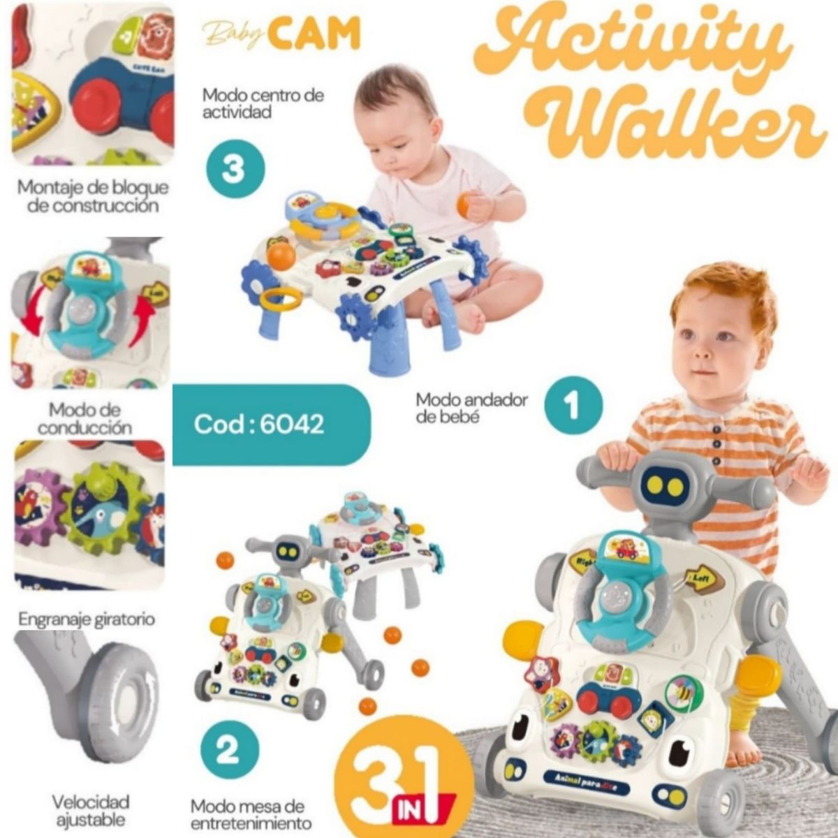 CAM - Andador caminador para bebe 3 en 1 PLOMO
