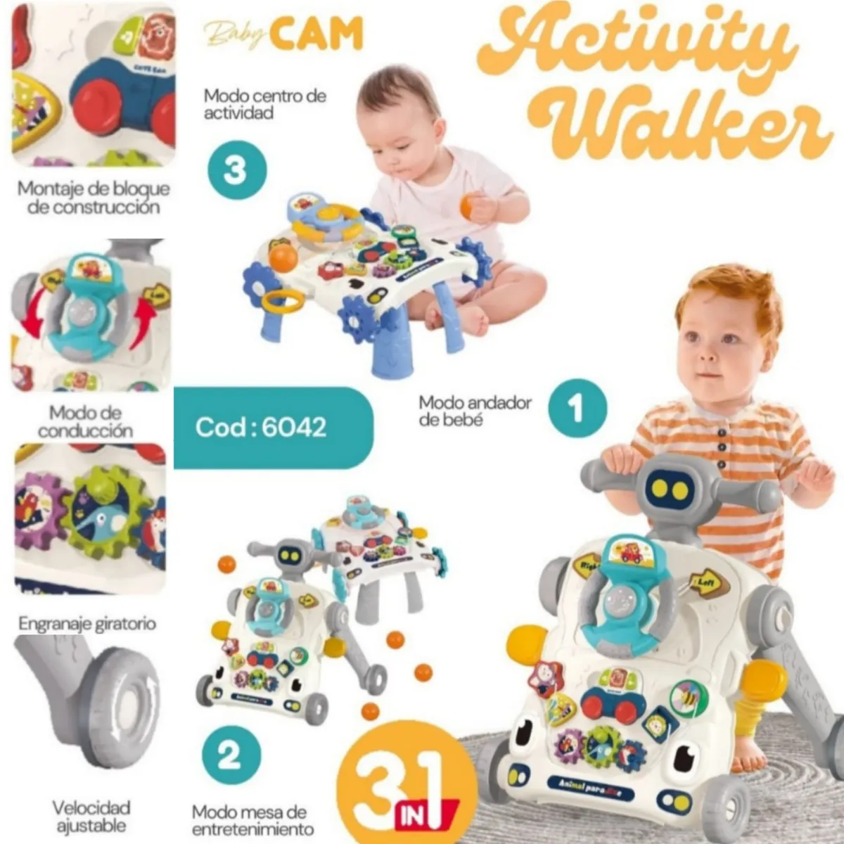 CAM - Andador caminador para bebe 3 en 1 PLOMO