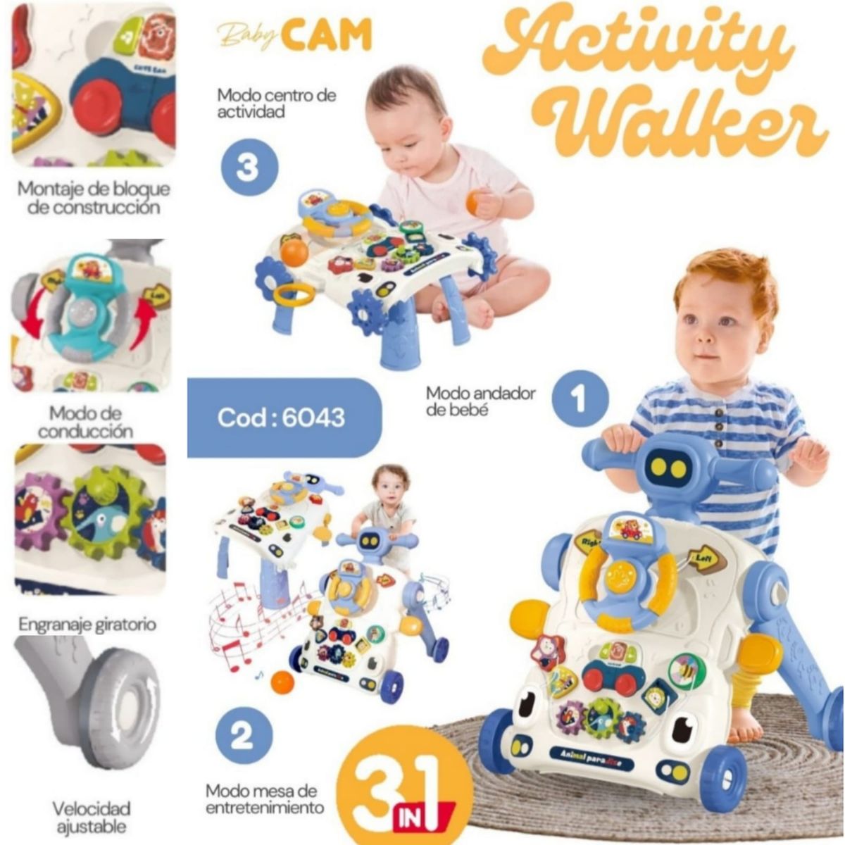 CAM - Andador caminador para bebe 3 en 1 AZUL