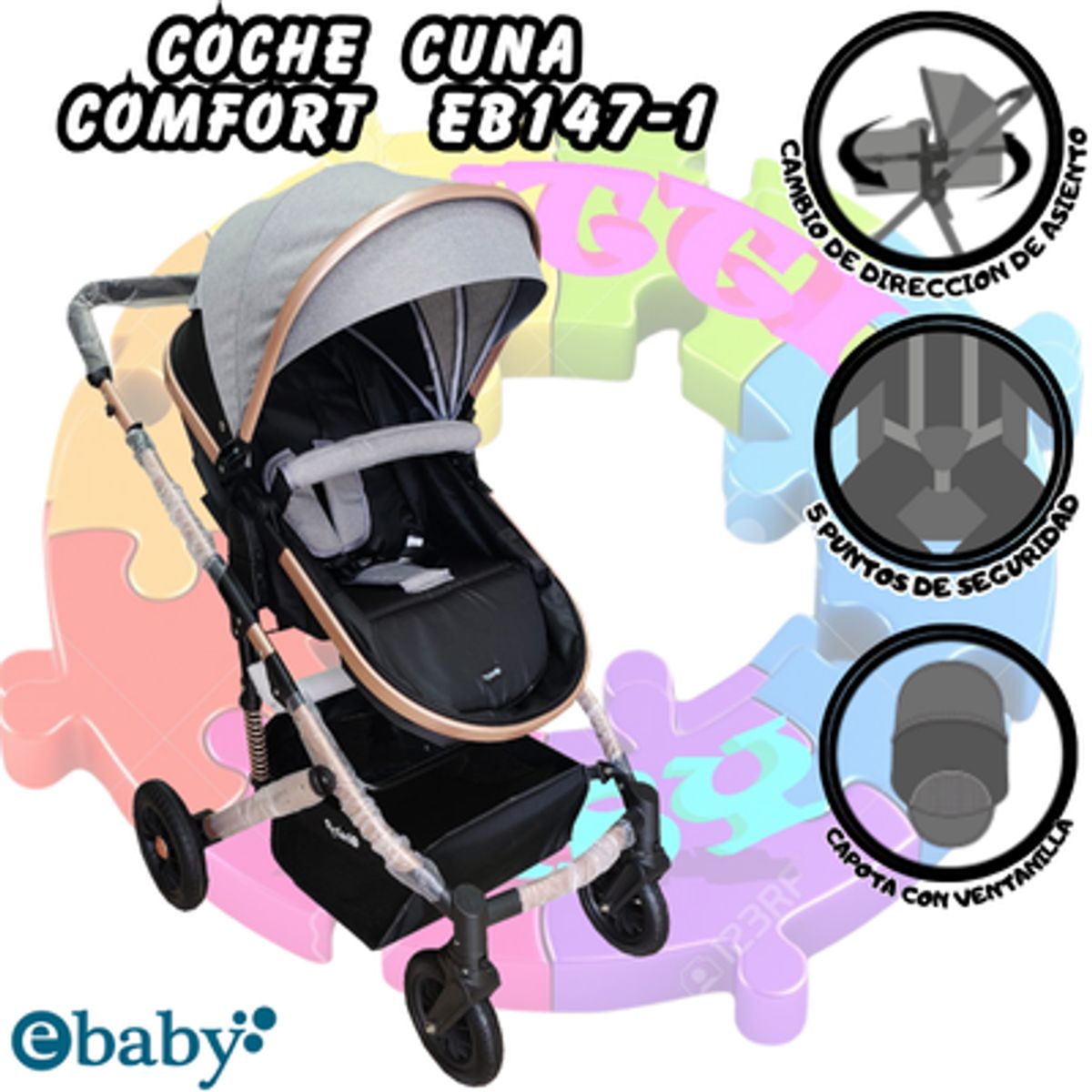 EBABY - COCHE CUNA MOISES DE LUJO COMFORT-GRIS-NEW DESIGN