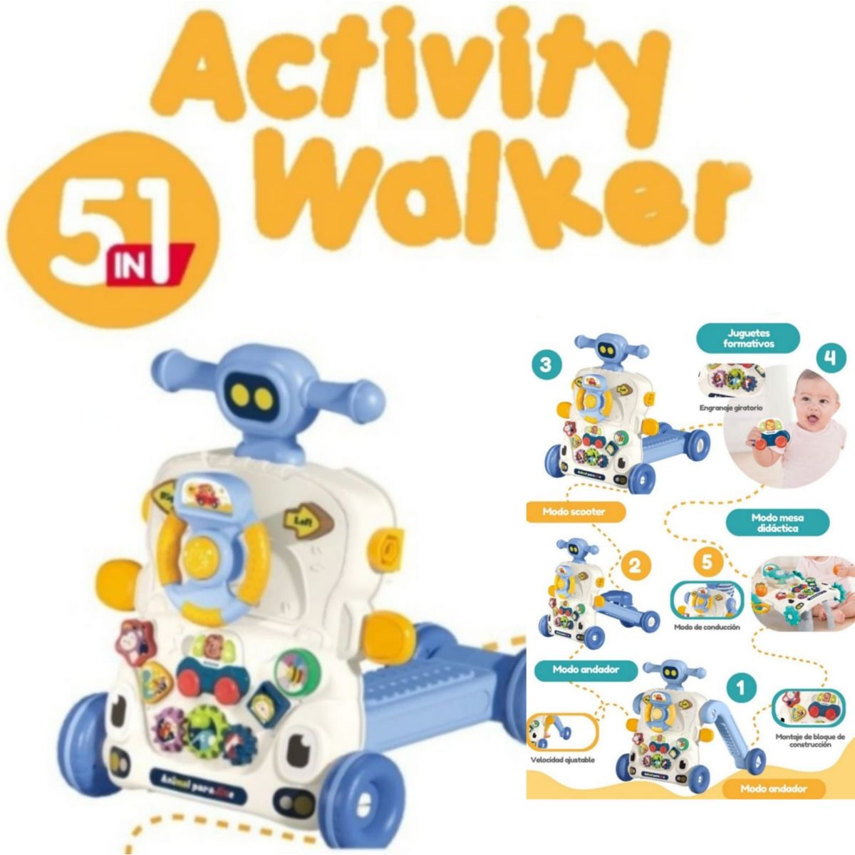CAM - Andador caminador para bebe 5 en 1 AZUL