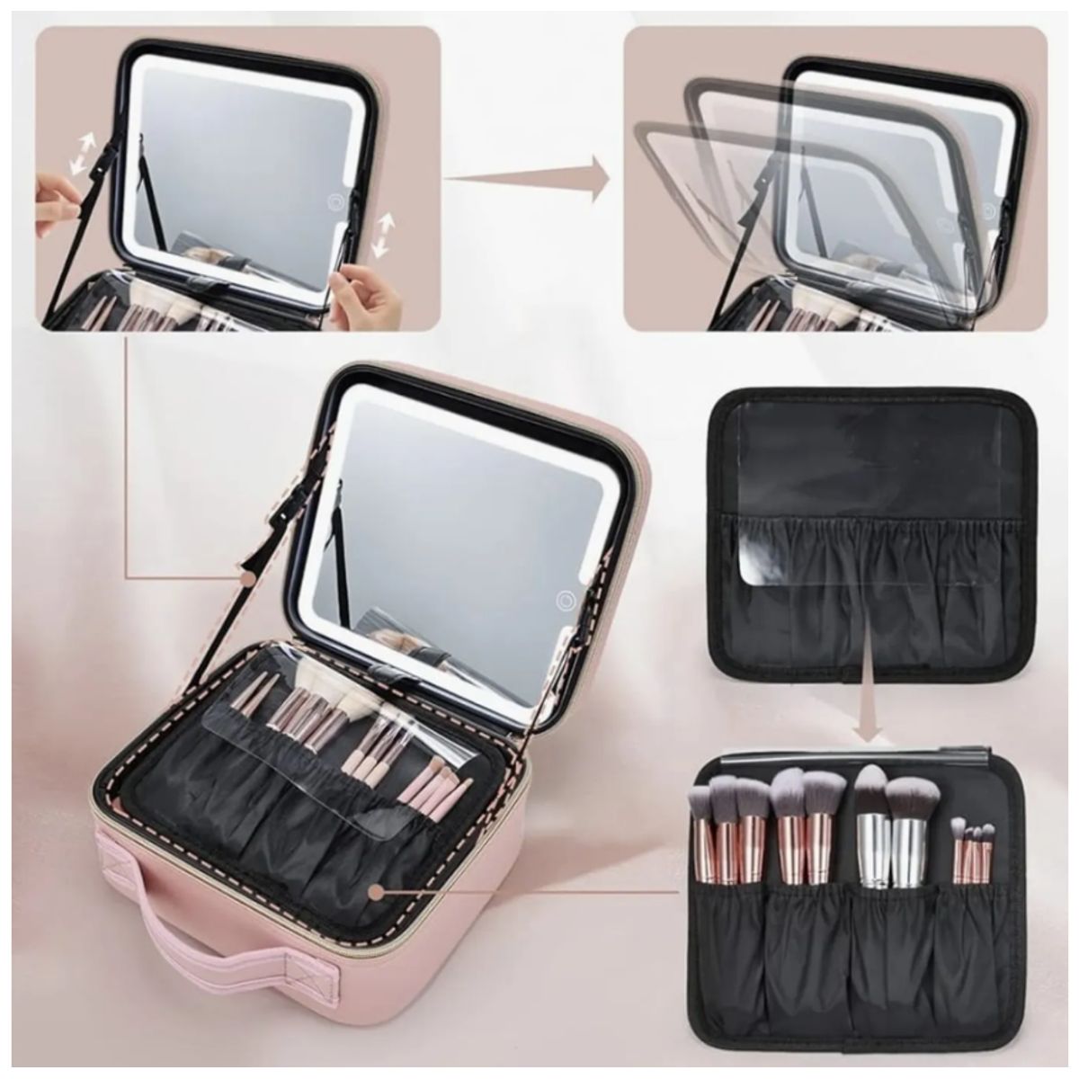 GENERICO - Maleta Organizador De Maquillaje con Espejo Recargable Luz Led - Rosado