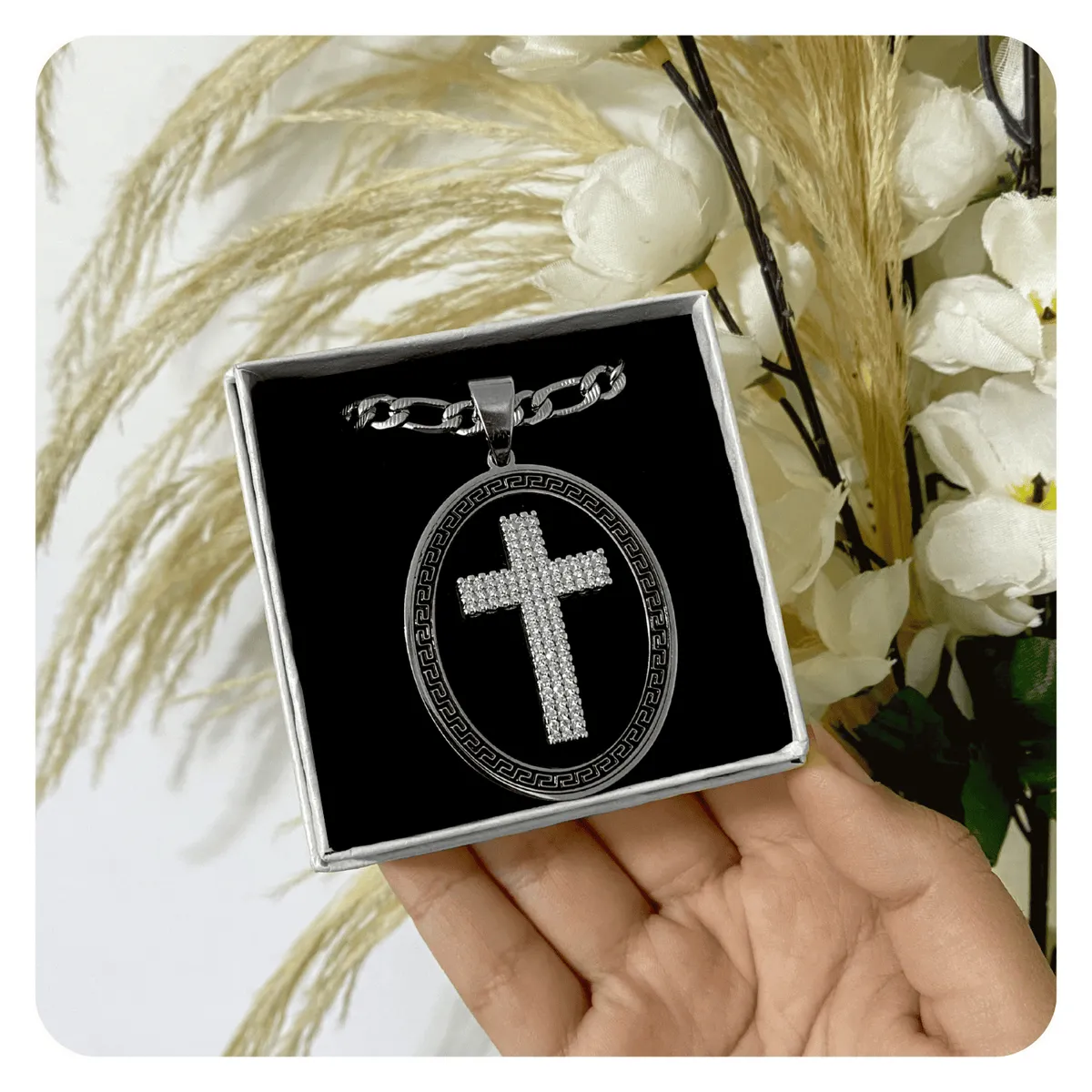 GENERICO - Collar Cruz Cristales Regalo Religioso Acero Quirúrgico Pleateado