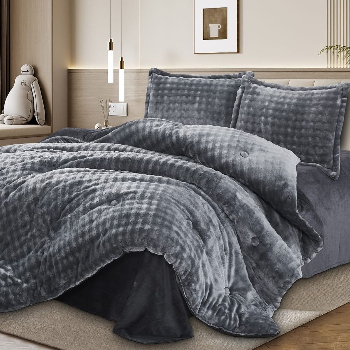 CASATEX - Set Edredon Queen de Piel de Conejo c/ Piel de Angel 5 Piezas Premium