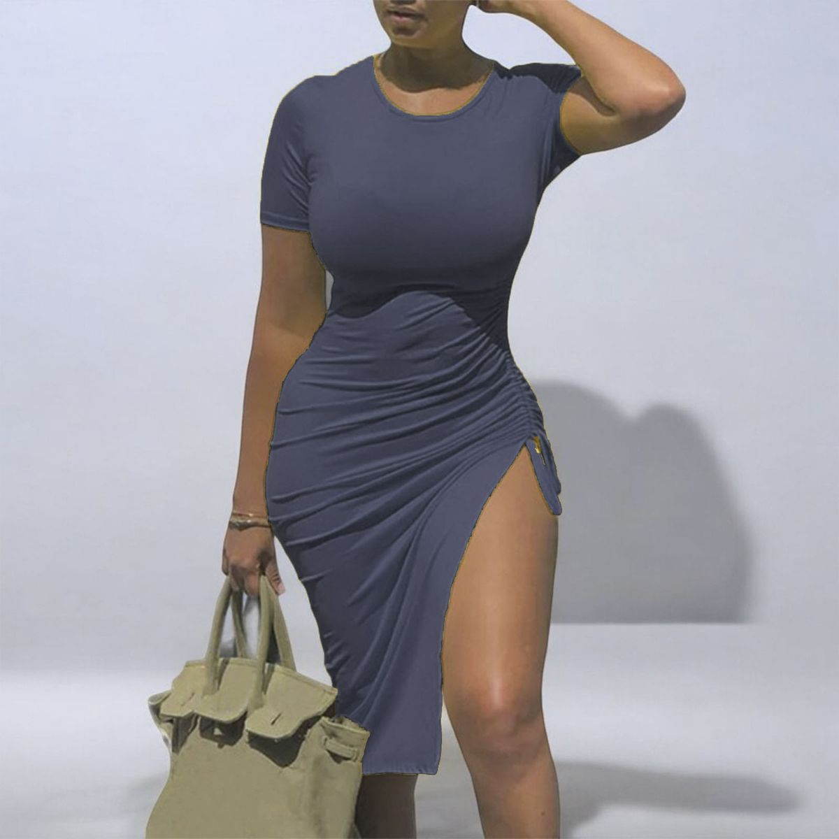 GENERICO - Vestido Casual Rip Grueso Manga Tres Cuartos Juventud Sexy Plomo