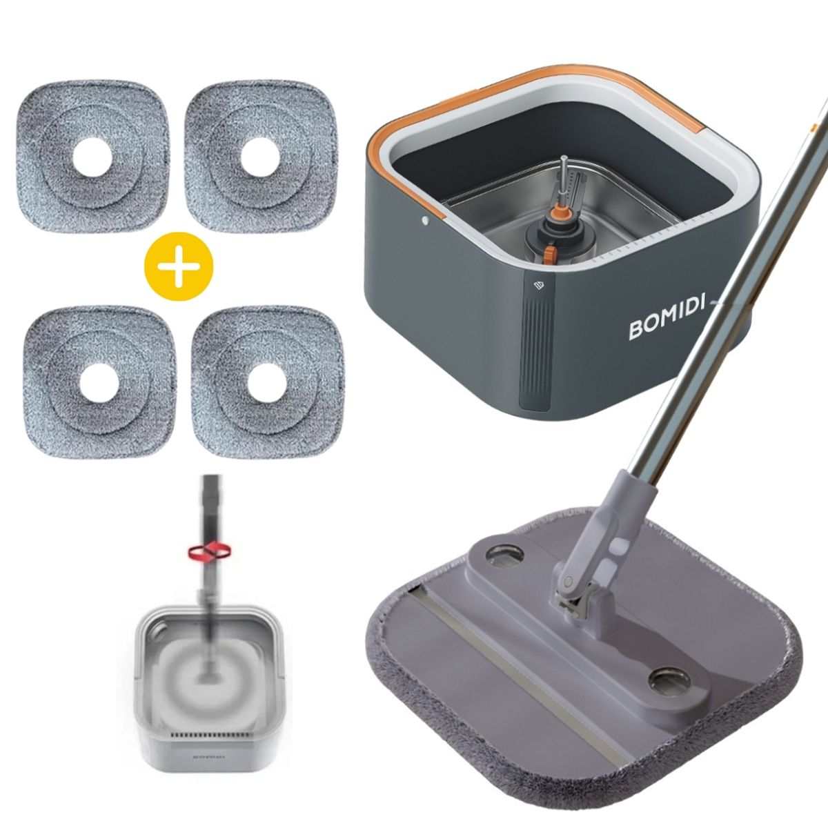 BOMIDI - Trapeador Giratorio Microfibra Set 4 Mopas Bomidi M20 Gris