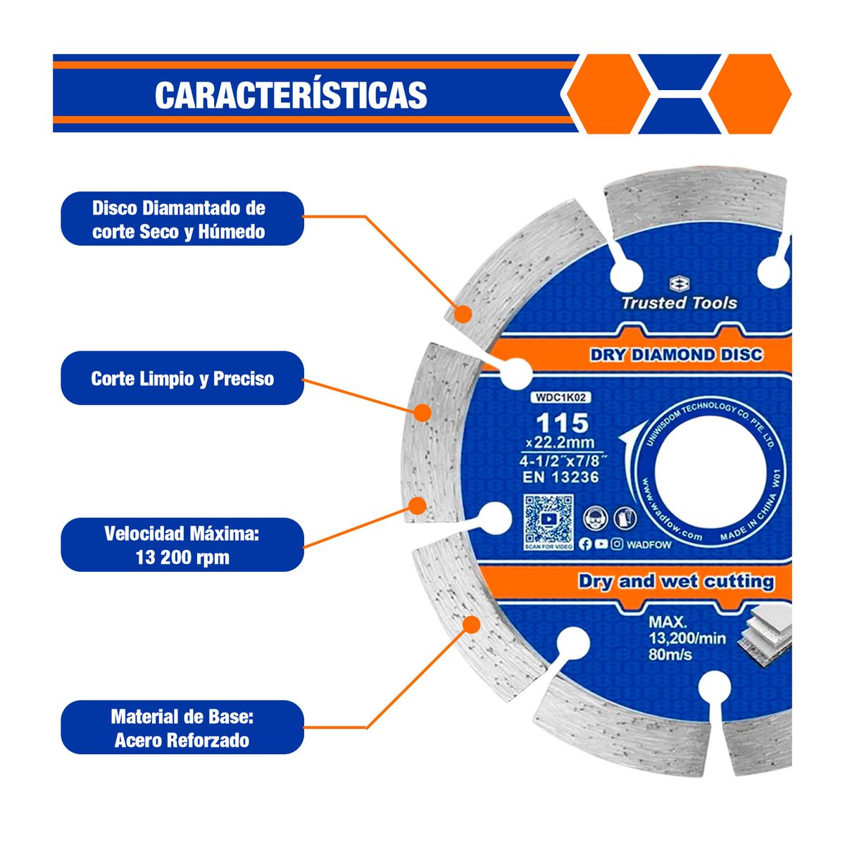 GENERICO - Disco Diamantado 4 1/2' 115mm Corte Seco/humedo WADFOW -  Wdc1k02