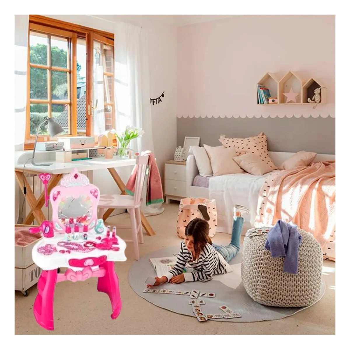 GENERICO - Pack4 Mesa Infantil de Niñas con Accesorios en Color Rosado