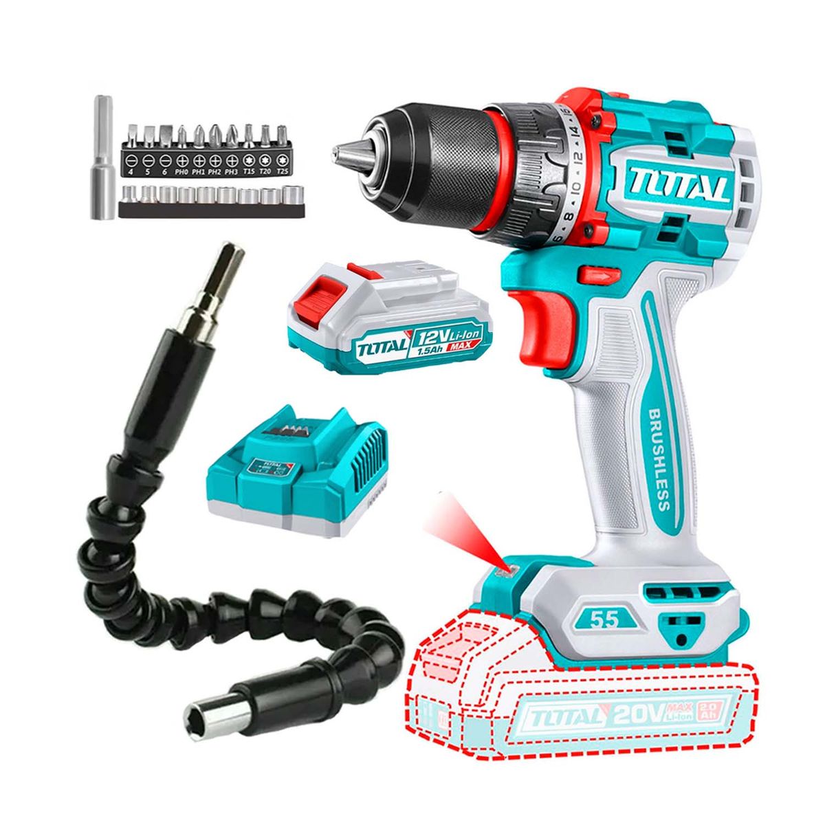 TOTAL TOOLS - Taladro Atornillador 20v Total 55nm + Extensor 21 Accesorios