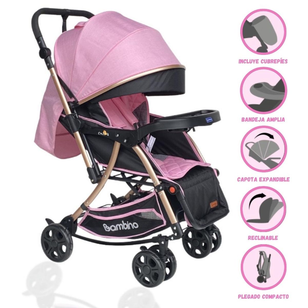 BAMBINO - Coche Cuna con Mecedora para Bebé «ROMA» Pink