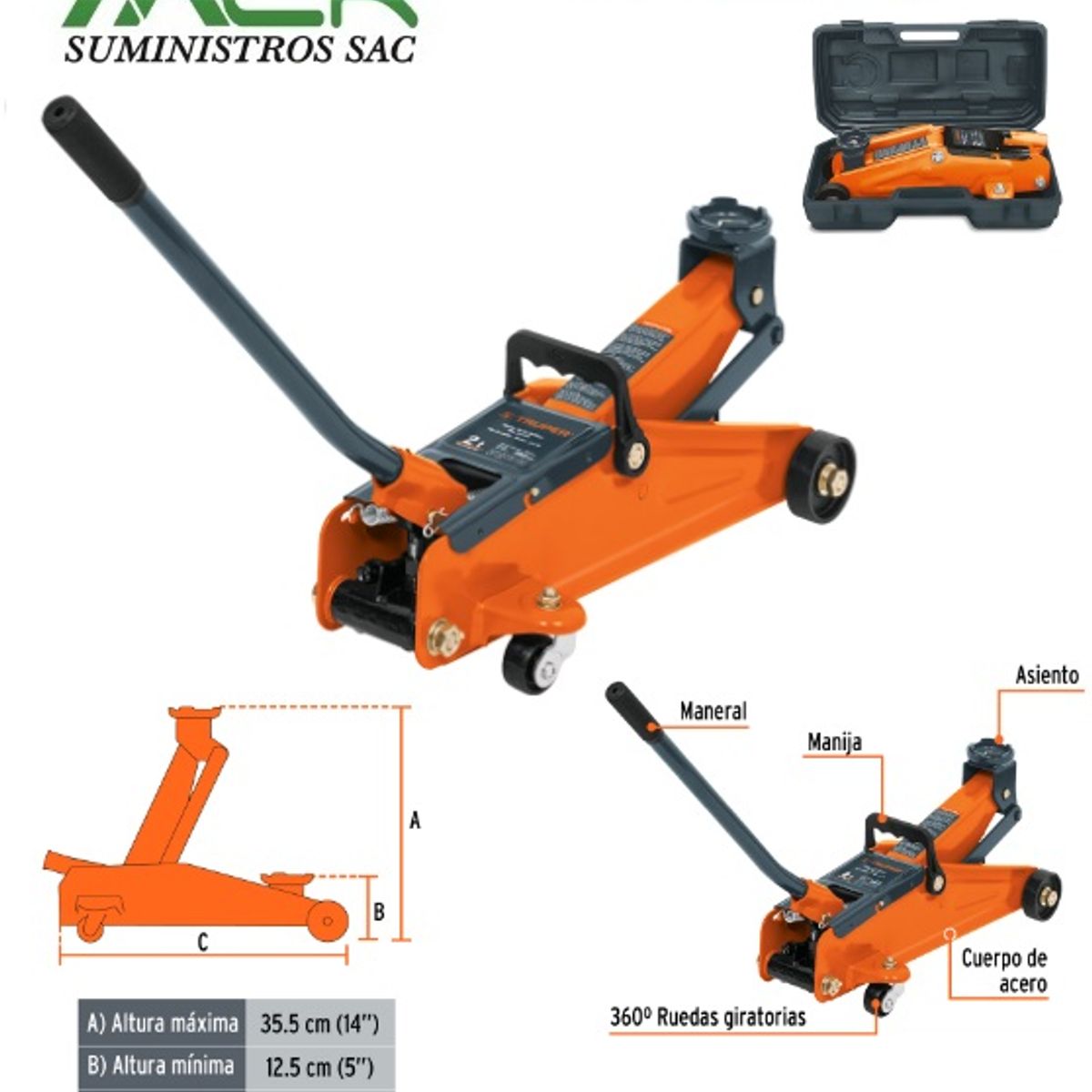 TRUPER - GATA TIPO LAGARTO HIDRAULICO CARGA 2 TON 50 MOVIMIENTOS MALETIN TRUPER