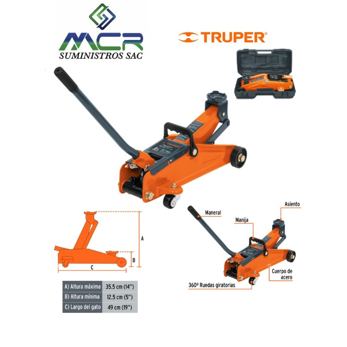 TRUPER - GATA TIPO LAGARTO HIDRAULICO CARGA 2 TON 50 MOVIMIENTOS MALETIN TRUPER