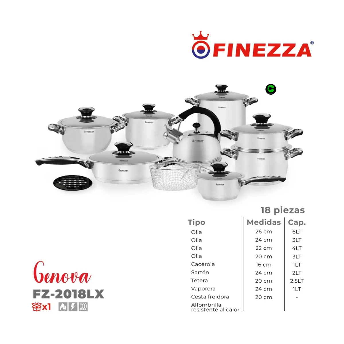 FINEZZA - Set de Ollas de 18 Piezas FINEZZA de Acero Inoxidable FZ-2018LX